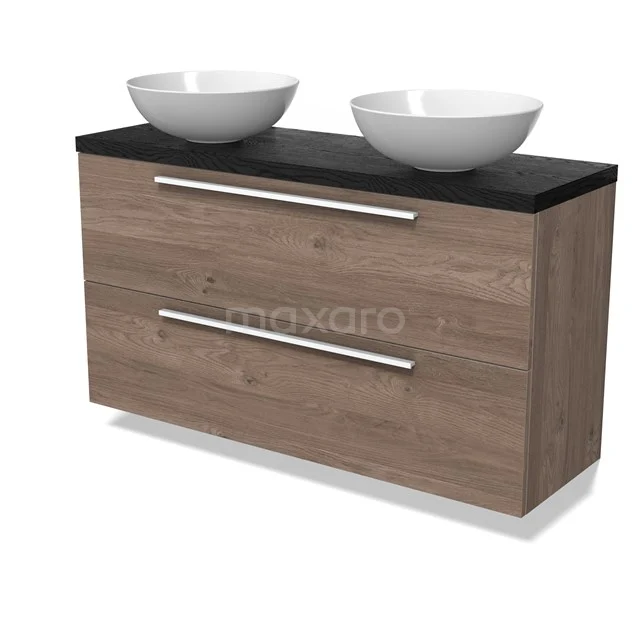 Modulo Plato Slim Badkamermeubel voor waskom | 120 cm Middenbruin eiken Vlak front Zwart eiken blad 2 lades onder elkaar BMK37-02966