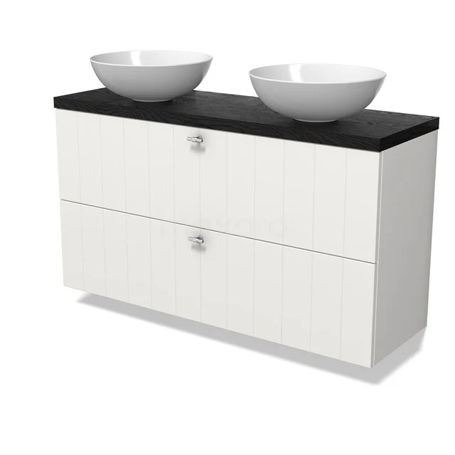 Modulo Plato Slim Badmöbel mit Aufsatzwaschbecken | 120 cm Matt Weiß Lamelle front Schwarze Eiche blatt 2 übereinanderliegende Schubladen BMK37-02979