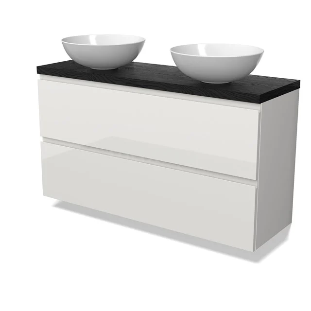Modulo Plato Slim Vanity units for countertop basin | 120 cm High-gloss white Handle-less front Black oak worktop 2 Stacked drawers BMK37-02984
