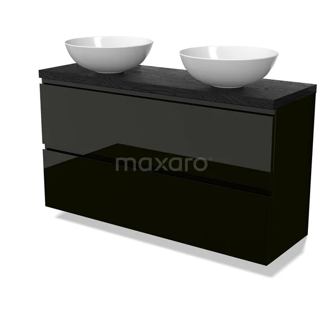 Modulo Plato Slim Vanity units for countertop basin | 120 cm High-gloss black Handle-less front Black oak worktop 2 Stacked drawers BMK37-02987