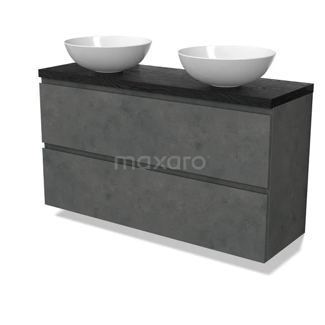 Modulo Plato Slim Vanity units for countertop basin | 120 cm Dark grey concrete Handle-less front Black oak worktop 2 Stacked drawers BMK37-02994