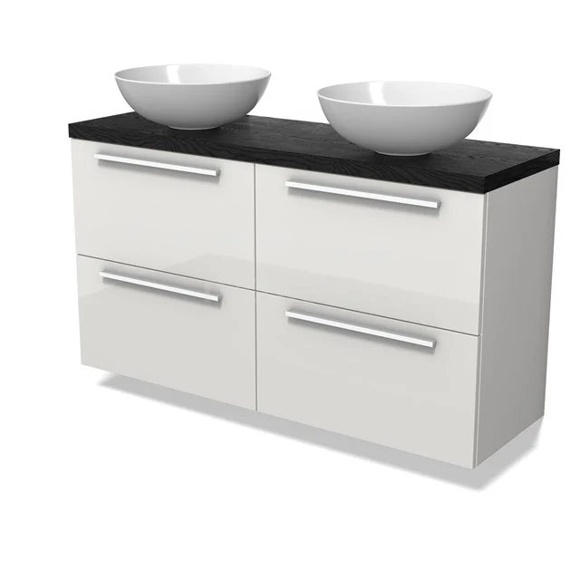 Modulo Plato Slim Vanity units for countertop basin | 120 cm High-gloss white Flat front Black oak worktop 4 drawers BMK38-00563
