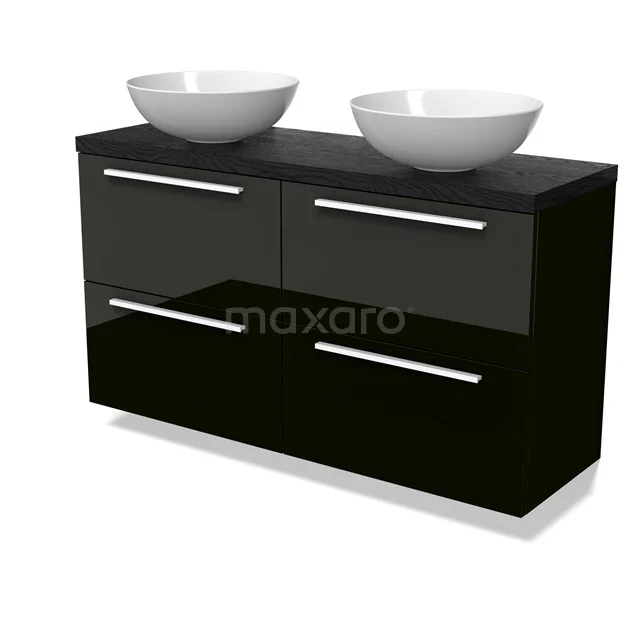 Modulo Plato Slim Badmöbel mit Aufsatzwaschbecken | 120 cm Hochglanz Schwarz Flach front Schwarze Eiche blatt 4 Schubladen BMK38-00566