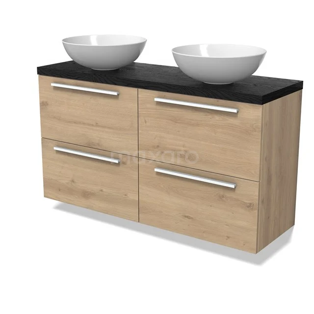 Modulo Plato Slim Badmöbel mit Aufsatzwaschbecken | 120 cm Hellbraune Eiche Flach front Schwarze Eiche blatt 4 Schubladen BMK38-00569
