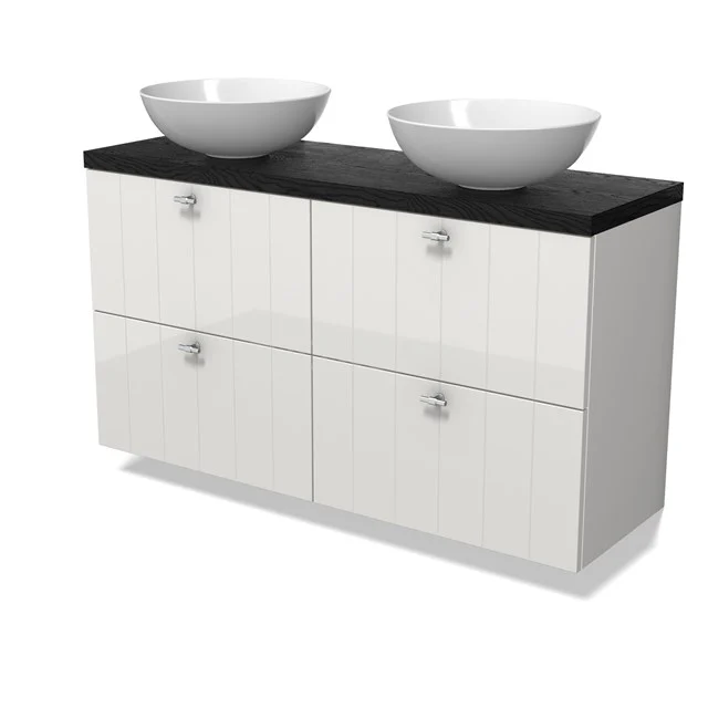 Modulo Plato Slim Vanity units for countertop basin | 120 cm High-gloss white Slat front Black oak worktop 4 drawers BMK38-00582