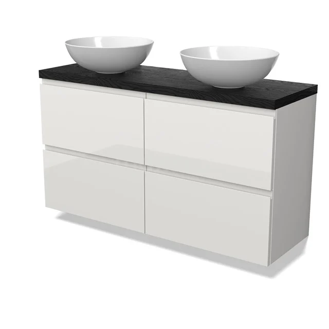 Modulo Plato Slim Vanity units for countertop basin | 120 cm High-gloss white Handle-less front Black oak worktop 4 drawers BMK38-00588