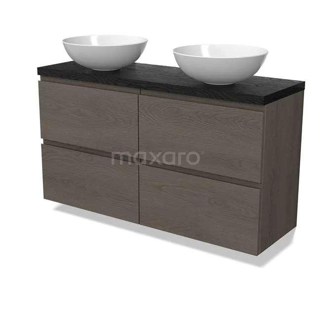 Modulo Plato Slim Badmöbel mit Aufsatzwaschbecken | 120 cm Dunkelbraune Eiche Grifflos front Schwarze Eiche blatt 4 Schubladen BMK38-00596