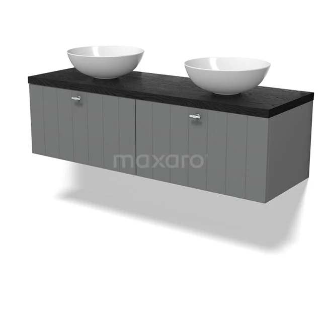 Modulo Plato Badmöbel mit Aufsatzwaschbecken | 140 cm Mittelgrau Lamelle front Schwarze Eiche blatt 2 nebeneinanderliegende Schubladen BMK12-02076