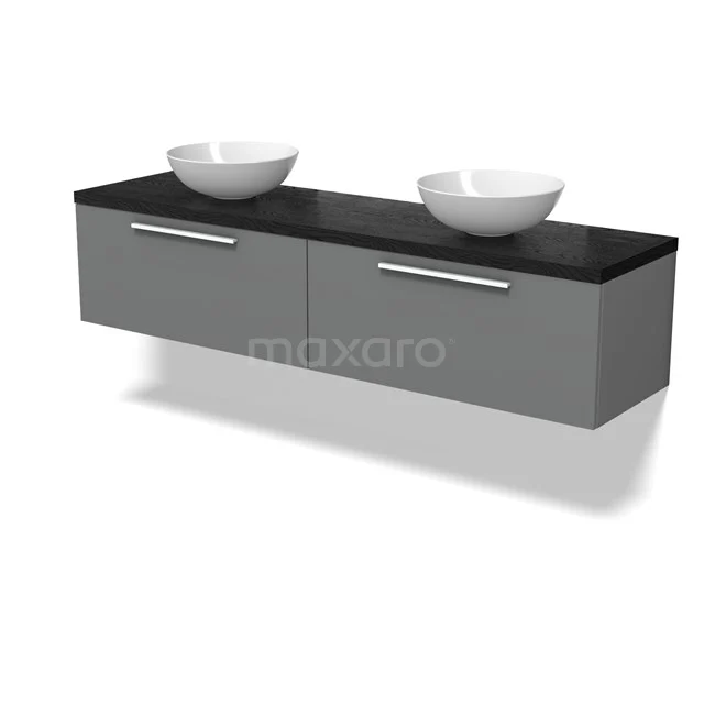 Modulo Plato Badmöbel mit Aufsatzwaschbecken | 180 cm Mittelgrau Flach front Schwarze Eiche blatt 2 nebeneinanderliegende Schubladen BMK12-02080