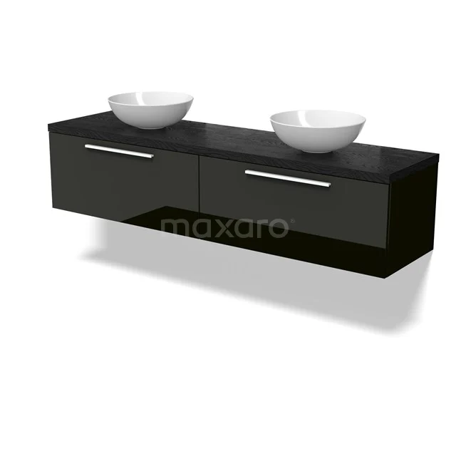 Modulo Plato Badkamermeubel voor waskom | 180 cm Hoogglans zwart Vlak front Zwart eiken blad 2 lades naast elkaar BMK12-02084