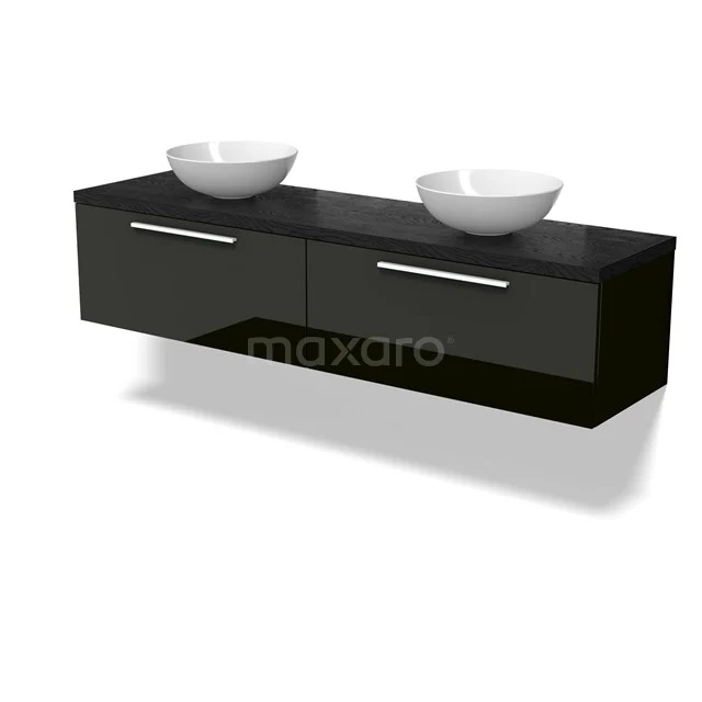 Modulo Plato Vanity units for countertop basin | 180 cm High-gloss black Flat front Black oak worktop 2 Side-by-side drawers BMK12-02084