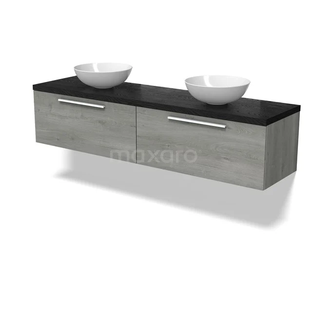 Modulo Plato Badmöbel mit Aufsatzwaschbecken | 180 cm Graue Eiche Flach front Schwarze Eiche blatt 2 nebeneinanderliegende Schubladen BMK12-02090