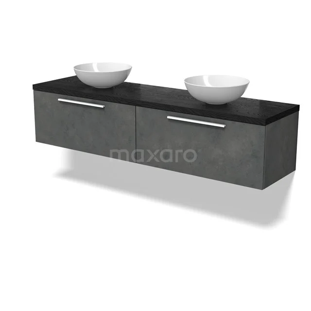 Modulo Plato Badkamermeubel voor waskom | 180 cm Donkergrijs beton Vlak front Zwart eiken blad 2 lades naast elkaar BMK12-02092