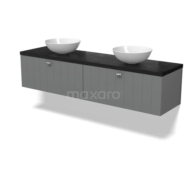 Modulo Plato Badmöbel mit Aufsatzwaschbecken | 180 cm Mittelgrau Lamelle front Schwarze Eiche blatt 2 nebeneinanderliegende Schubladen BMK12-02100