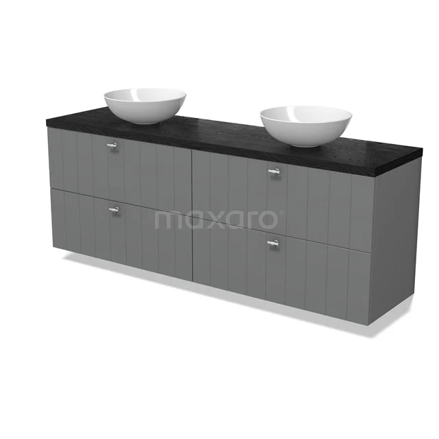 Modulo Plato Badmöbel mit Aufsatzwaschbecken | 180 cm Mittelgrau Lamelle front Schwarze Eiche blatt 4 Schubladen BMK18-02128