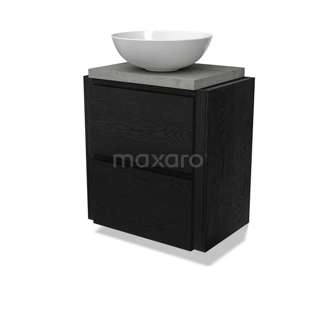 Modulo Plato Slim Badmöbel mit Aufsatzwaschbecken | 50 cm Schwarze Eiche Grifflos front Graue Eiche blatt 2 übereinanderliegende Schubladen BMK37-02996