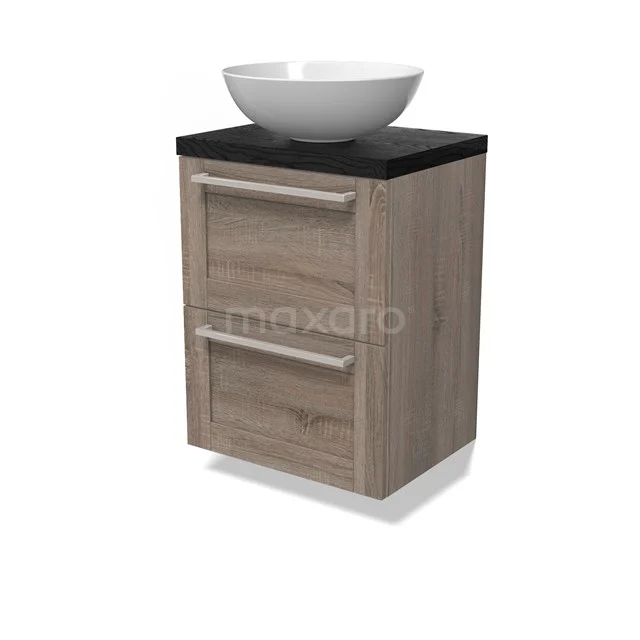 Modulo Plato Slim Badmöbel mit Aufsatzwaschbecken | 50 cm Eiche Rahmen front Schwarze Eiche blatt 2 übereinanderliegende Schubladen BMK37-02818