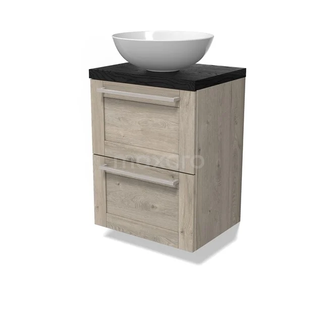 Modulo Plato Slim Vanity units for countertop basin | 50 cm Light grey oak Bordered front Black oak worktop 2 Stacked drawers BMK37-02819 Modulo Plato Slim Vanity units for countertop basin | 50 cm Light grey oak Bordered front Black oak worktop 2 Stacked drawers BMK37-02819