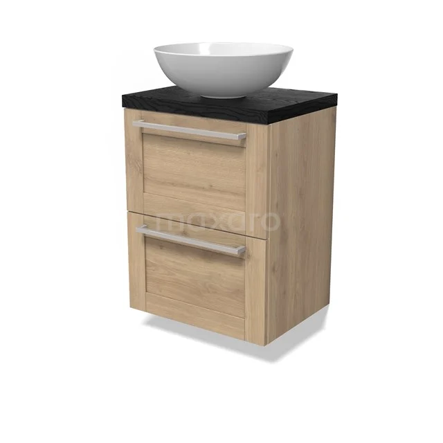 Modulo Plato Slim Vanity units for countertop basin | 50 cm Light brown oak Bordered front Black oak worktop 2 Stacked drawers BMK37-02820 Modulo Plato Slim Vanity units for countertop basin | 50 cm Light brown oak Bordered front Black oak worktop 2 Stacked drawers BMK37-02820