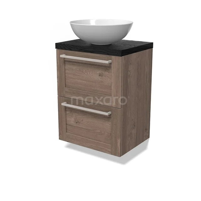 Modulo Plato Slim Vanity units for countertop basin | 50 cm Mid brown oak Frame front Black oak worktop 2 Stacked drawers BMK37-02821