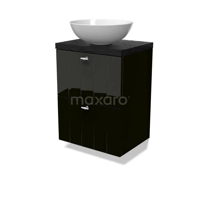 Modulo Plato Slim Badmöbel mit Aufsatzwaschbecken | 50 cm Hochglanz Schwarz Lamelle front Schwarze Eiche blatt 2 übereinanderliegende Schubladen BMK37-02829