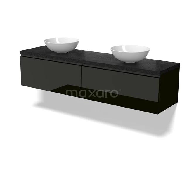 Modulo Plato Vanity units for countertop basin | 180 cm High-gloss black Handle-less front Black oak worktop 2 Side-by-side drawers BMK12-02109