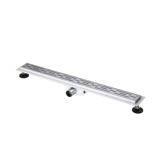 Edelstahl Duschrinne mit Rostenmuster, silberfarben, ideal für moderne Bäder und Wasserablauf, verstellbare Füße inklusive.