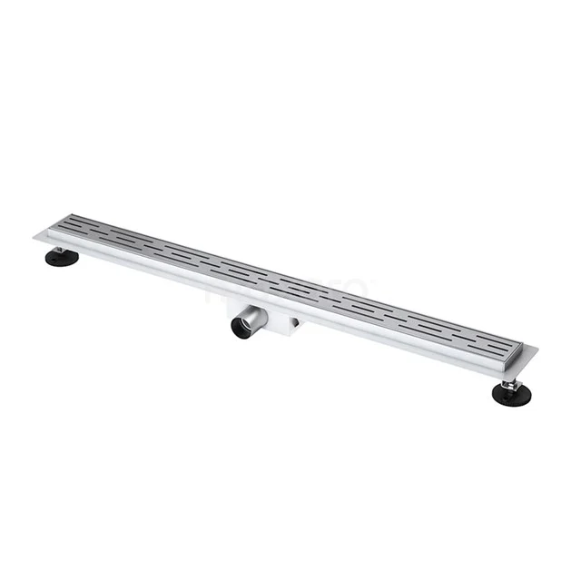 Edelstahl Duschrinne mit feinem Rostenmuster, modernes Design und verstellbaren Füßen, ideal für eine stilvolle Badezimmergestaltung.