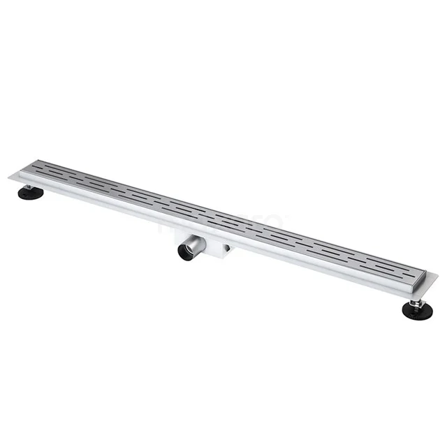 Edelstahl Duschrinne mit modernem Design, rechteckiger Form und verstellbaren Füßen, ideal für ein stilvolles Badezimmer.