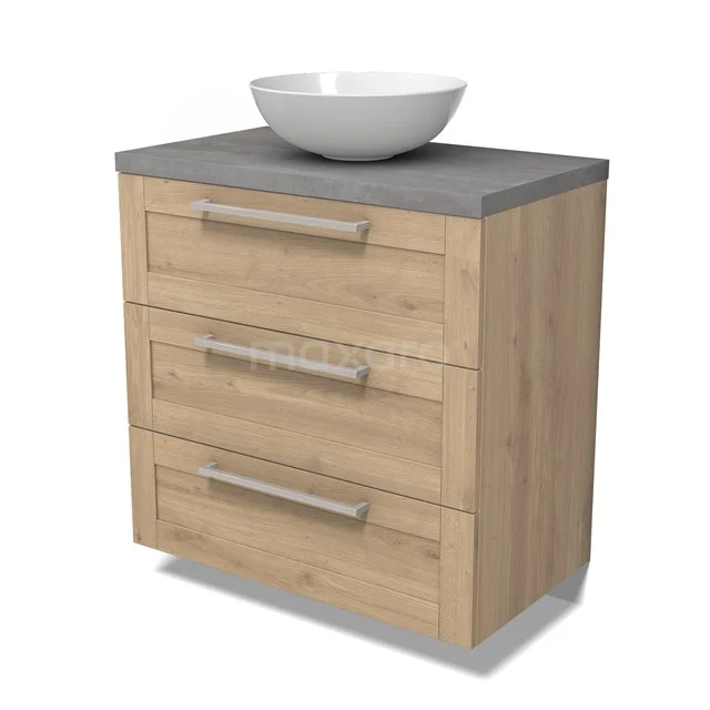 Modulo Plato Vanity units for countertop basin | 80 cm Light brown oak Bordered front Light grey concrete worktop 3 drawers BMK19-00335