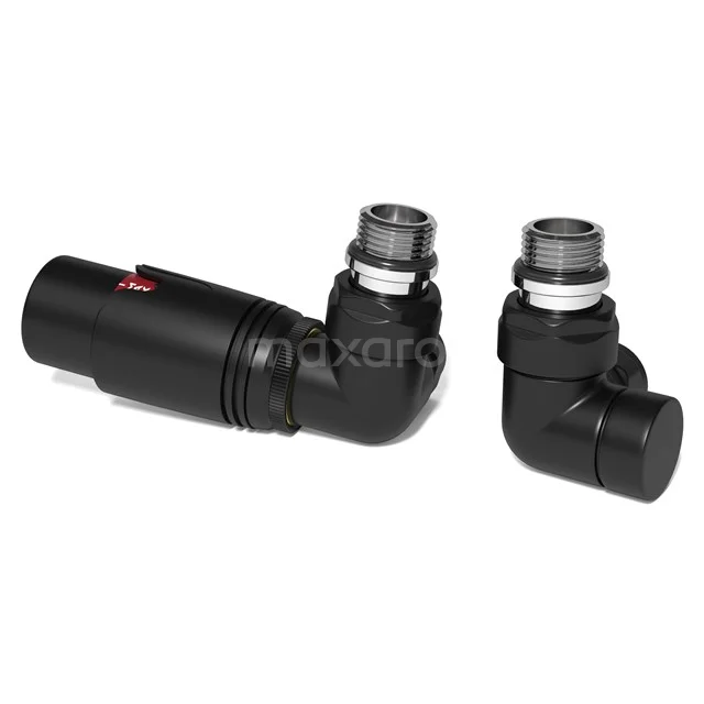 Thermostatisches Heizkörperventil Thermostatisch Doppelwinkel links mit Fußventil Matt Schwarz-Matt Schwarz DRK12MBN-MBN