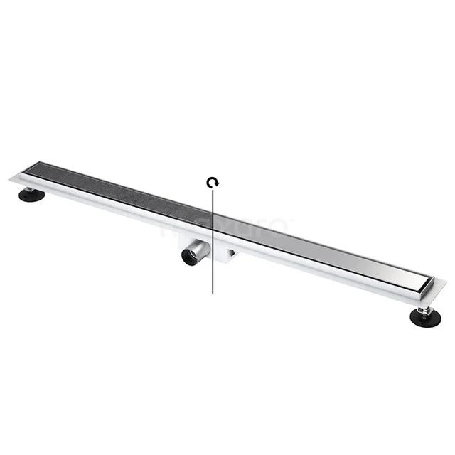 Edelstahl Duschrinne mit schmalem Design, Matt Schwarz Oberfläche und verstellbaren Füßen, ideal für moderne Badezimmerinstallationen.