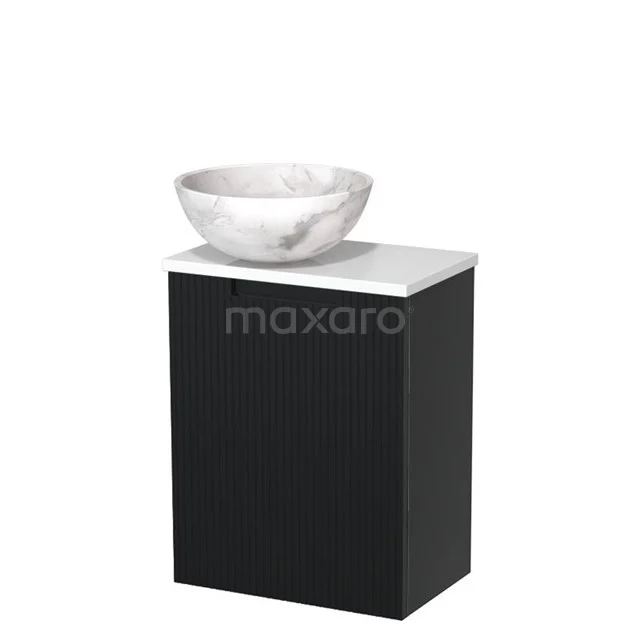 Toilet unit with countertop wash basin | 41 cm Matte black Line fronts White marble Natural stone countertop wash basin High-gloss white worktop TMK10-15323