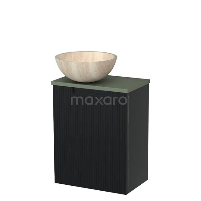 Toilet unit with countertop wash basin | 41 cm Matte black Line front Travertine Natural stone countertop wash basin Sage green worktop TMK10-15374