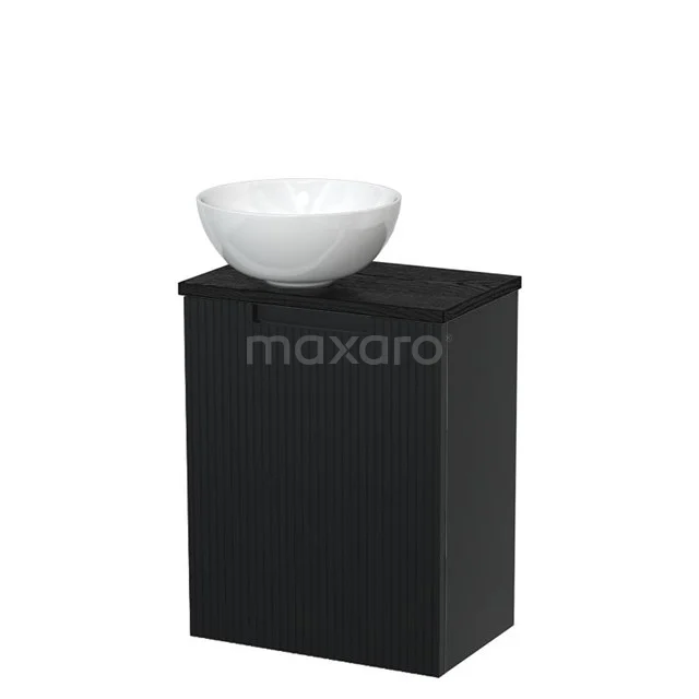 WC-Möbel mit Aufsatzwaschbecken | 41 cm Matt Schwarz Front Line Glänzend Weiß Keramik Aufsatzwaschbecken Schwarze Eiche Platte TMK10-15380