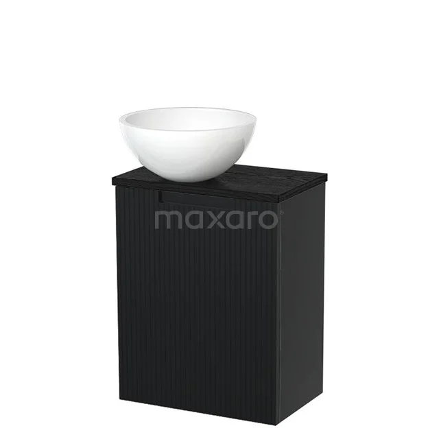 Toilet unit with countertop wash basin | 41 cm Matte black Line front Gloss white Mineral marble countertop wash basin Black oak worktop TMK10-15161