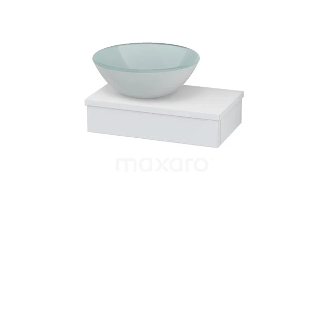White bathroom furniture set with countertop basin in light blue ceramic, sleek modern design, ideal for compact bathrooms.
