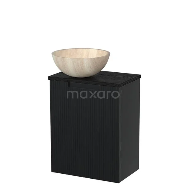WC-Möbel mit Aufsatzwaschbecken | 41 cm Matt Schwarz Line Front Travertin Becken aus Naturstein Platte aus schwarzer Eiche TMK10-15166