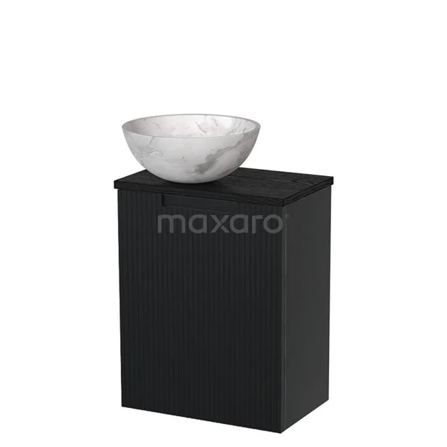 Toilet unit with countertop wash basin | 41 cm Matte black Line front White marble Natural stone countertop wash basin Black oak worktop TMK10-15167