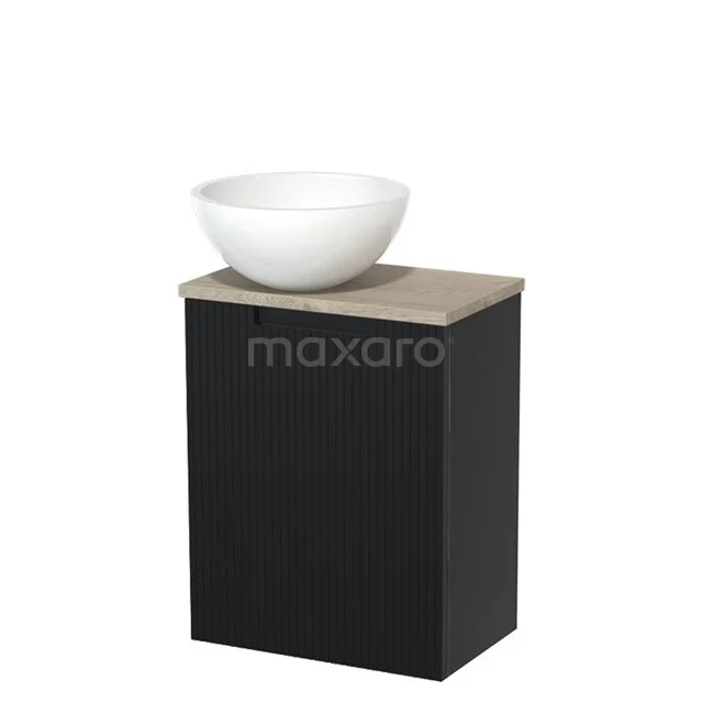 Toilet unit with countertop wash basin | 41 cm Matte black Line front Gloss white Mineral marble basin Light grey oak worktop TMK10-15408