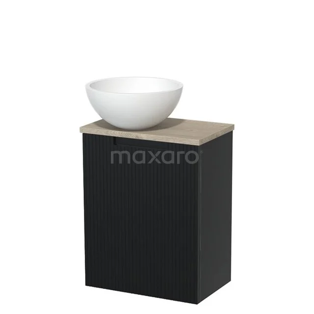 WC-Möbel mit Aufsatzwaschbecken | 41 cm Matt Schwarz Line Front Matt Weiß Solid Surface Aufsatzwaschbecken Hellgraue Eiche Platte TMK10-15409