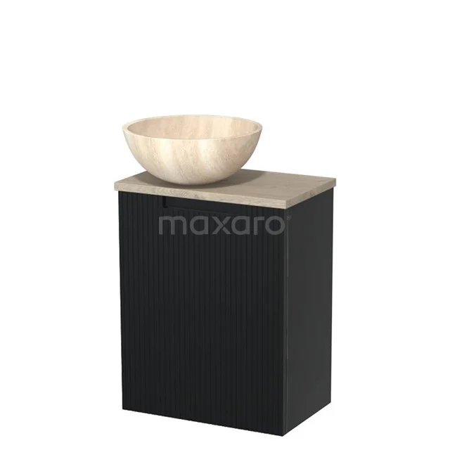 Toilet unit with countertop wash basin | 41 cm Matte black Line front Travertine Natural stone countertop wash basin Light grey oak worktop TMK10-15192