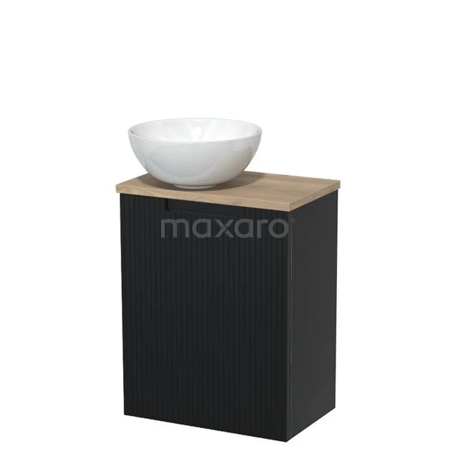 Toilet unit with countertop wash basin | 41 cm Matte black Line front Gloss white Ceramic wash basin Light brown oak worktop TMK10-15419