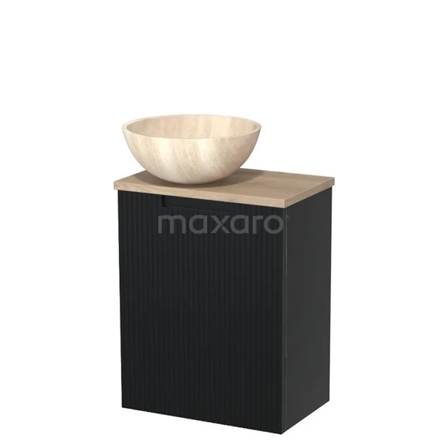 Toilet unit with countertop wash basin | 41 cm Matte black Line front Travertine Natural stone countertop wash basin Light brown oak worktop TMK10-15205