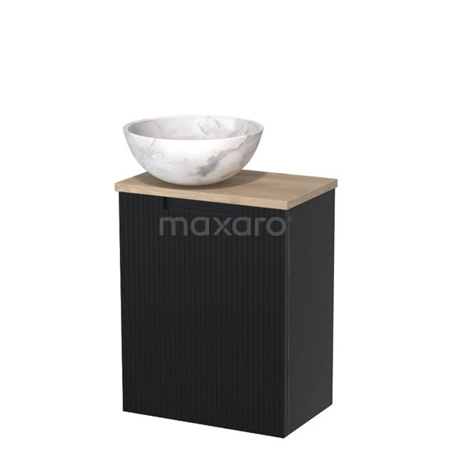 WC-Möbel mit Aufsatzwaschbecken | 41 cm Mattschwarze Line Front Weißer Marmor Aufsatzwaschbecken aus Naturstein Hellbraune Eiche Platte TMK10-15427