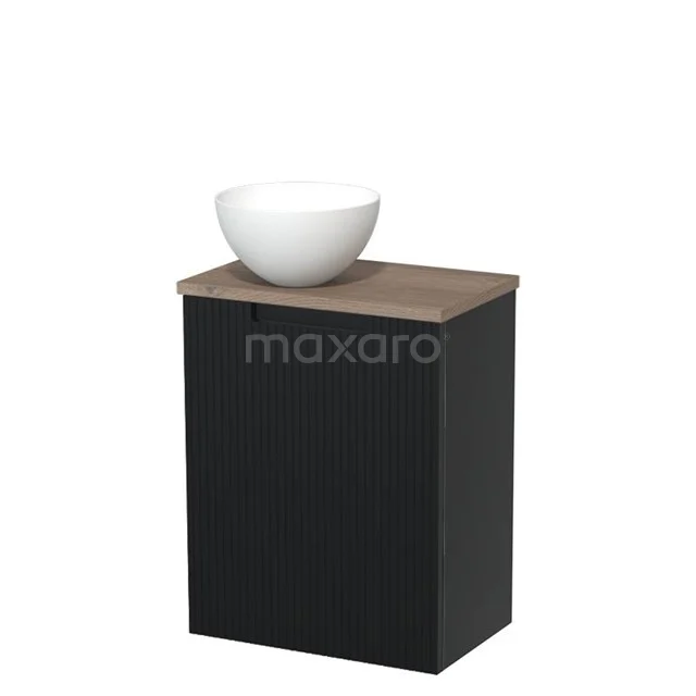 WC-Möbel mit Aufsatzwaschbecken | 41 cm Matt Schwarz Line Front Matt Weiß Solid Surface Aufsatzwaschbecken Mittelbraune Eiche Platte TMK10-15438