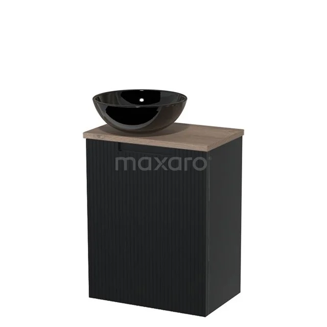 Toilet unit with wash basin | 41 cm Matte black Line front Gloss black Ceramic countertop wash basin Mid brown oak worktop TMK10-15222