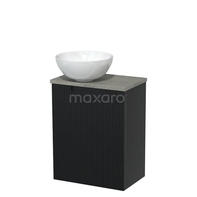 WC-Möbel mit Aufsatzwaschbecken | 41 cm Matt Schwarz Line Front Glänzend Weiß Keramik Aufsatzwaschbecken Graue Eiche Platte TMK10-15458