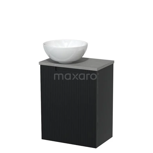 WC-Möbel mit Aufsatzwaschbecken | 41 cm Matt Schwarz Line Front Glänzend Weiß Keramik Aufsatzwaschbecken Hellgrauer Beton Platte TMK10-15250