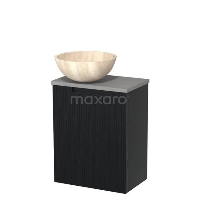 Toilet unit with countertop wash basin | 41 cm Matte black Line front Travertine Natural stone countertop wash basin Light grey concrete worktop TMK10-15478